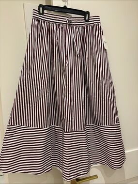 Rosie Assoulin Burgundy and White Striped Full Midi Skirt